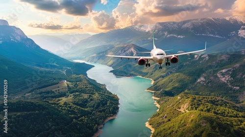Wallpaper Mural Airplane flying over scenic landscape with mountains and river. Aerial view, travel, clouds, nature, aviation, and flight route through mountainous region. Torontodigital.ca