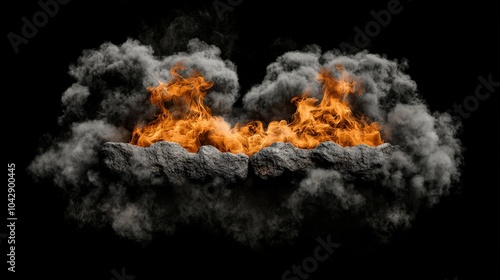 Fiery Rocks with Smoke on Black Background Realistic Flame and Smoke Effect