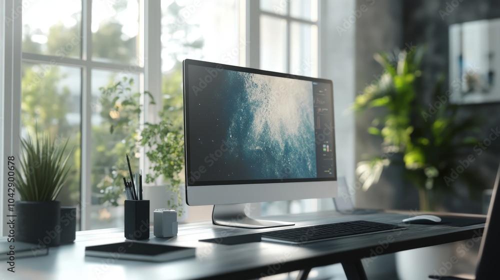 A professional workspace with a large monitor, keyboard A professional workspace with a large monitor, keyboard