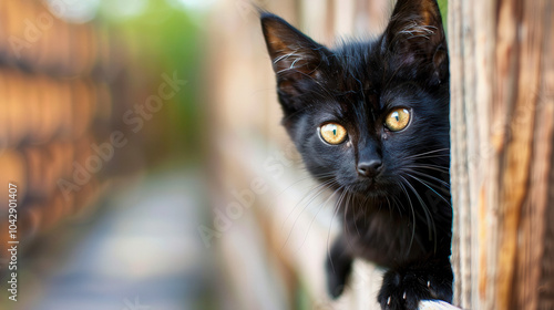 Black cat peeking over fenc...