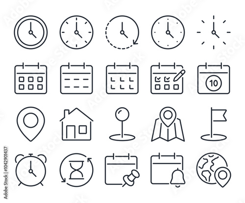Time, date and location editable stroke outline icons set isolated on white background flat vector illustration. Pixel perfect. 64 x 64