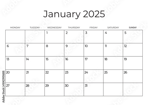 Printable Monthly Calendar Template for January 2025. Wall Calendar in a Minimalist Style. Week Starts on Monday. Simple and clean design. Vector