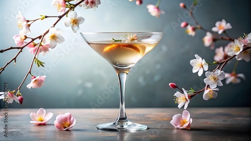 Low angle view elegant crystal glass with peach blossom inspired cocktail photo