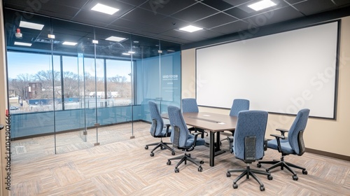 A modern conference room with a large screen and glass walls, designed for meetings.