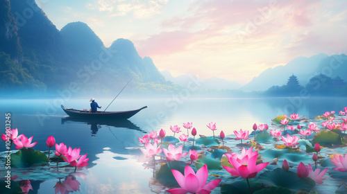 Fototapeta Naklejka Na Ścianę i Meble -  landscape of view of lotus sea on lake with fisherman on boat with beautiful mountain for background