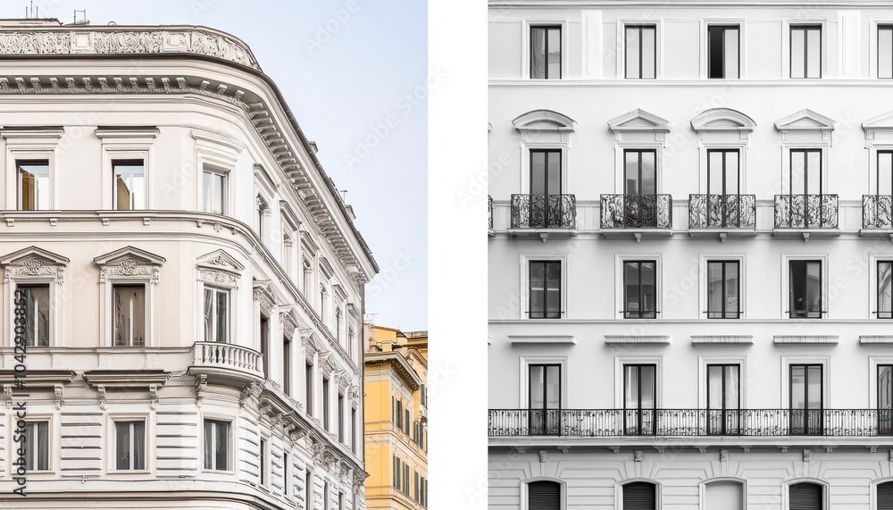 Elegant black and white photo of stone balconies and tall windows, illustrating the beauty and detail of traditional European architecture Elegant black and white photo of stone balconies and tall windows, illustrating the beauty and detail of traditional European architecture
