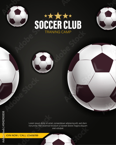 Soccer traning club, sports concept template design, falling football vector illustration.