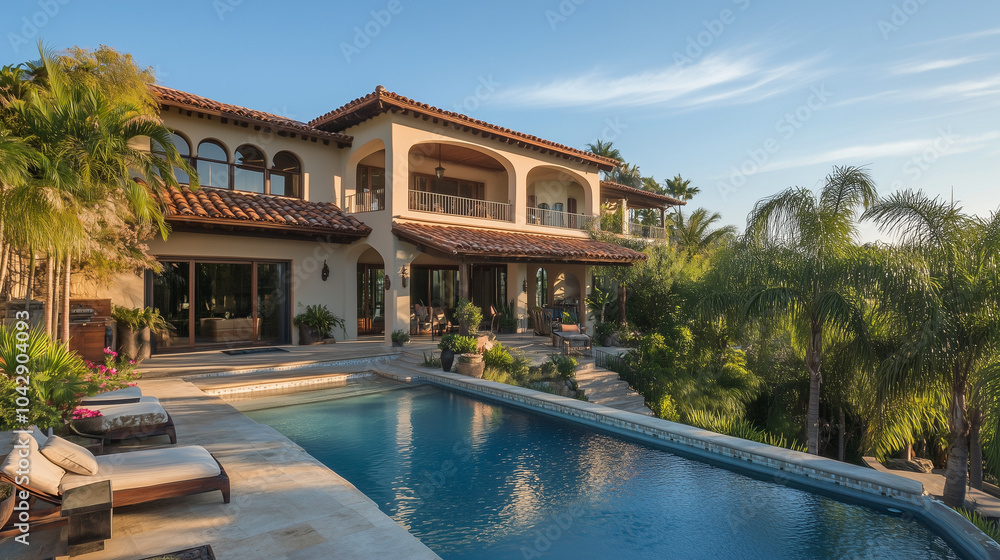 Fototapeta premium Beautiful House with a Sparkling Pool, Luxury Residential Property Featuring Modern Architecture, Outdoor Pool, and Scenic Surroundings