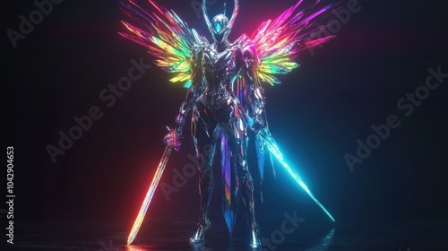 Cybernetic Angel Warrior with Crystal Wings and Swords photo