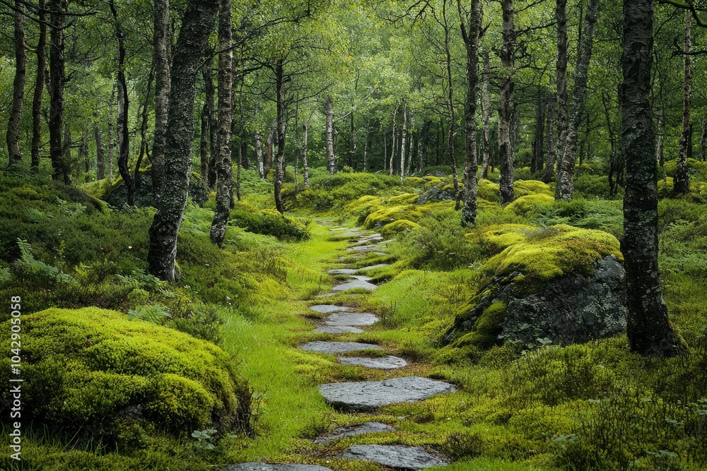 A Stone Path Winding Through a Lush, Moss-Covered Forest A Stone Path Winding Through a Lush, Moss-Covered Forest