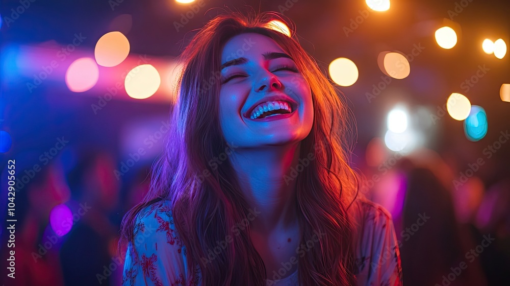 A woman laughs with joy in a nightclub. This image showcases the excitement and energy of a night out. A woman laughs with joy in a nightclub. This image showcases the excitement and energy of a night out.