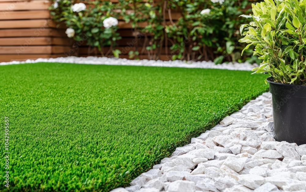 Obraz premium Modern house exterior with a perfectly manicured artificial grass lawn, stone garden beds, and sleek wood paneling, highlighting suburban luxury