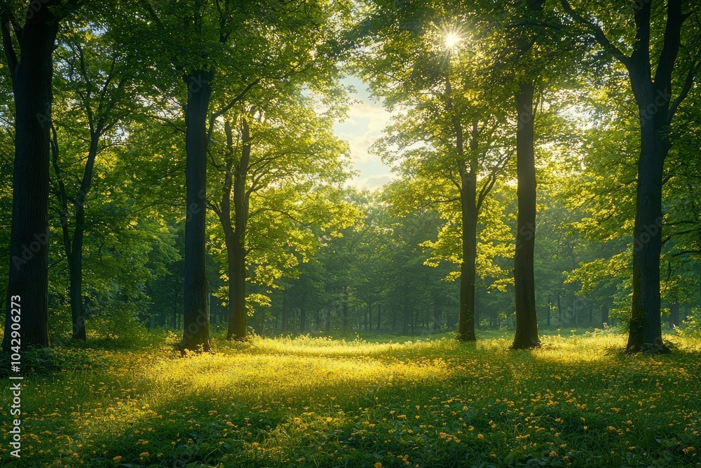 Fototapeta premium Sunbeams Illuminating a Forest Clearing with Wildflowers