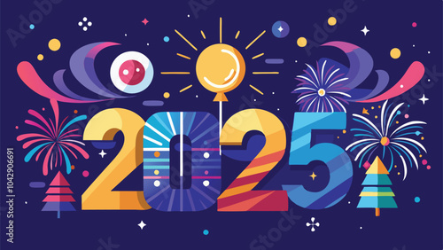 Festive Happy New Year 2025 Celebration Vector with Fireworks and Streamers in a Vibrant Background