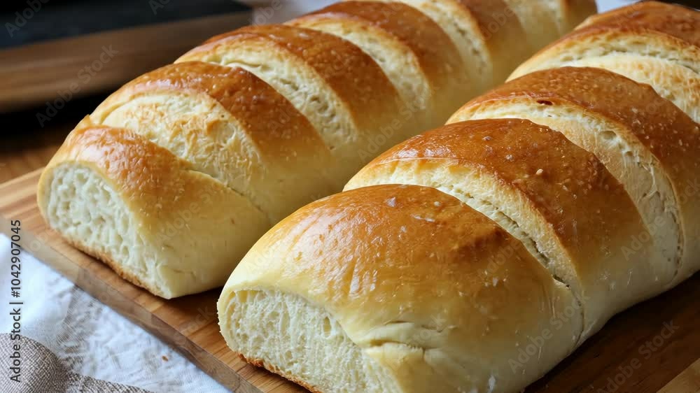 Two loaves of freshly baked bread sit on a wooden cutting board Two loaves of freshly baked bread sit on a wooden cutting board