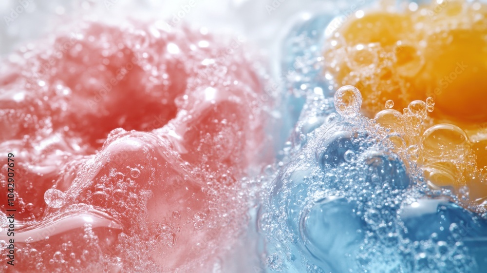 A close up of two different coloured jelly textures on the same white background, one in light pink and orange with water droplets and grapefruit juice A close up of two different coloured jelly textures on the same white background, one in light pink and orange with water droplets and grapefruit juice
