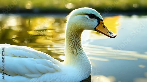 Watch American Pekin ducks swimming gracefully pond sunny summer day providing side view that showcases beauty these avy white shimmering water 4K bird closeup pecking landscape blue birding ecology photo