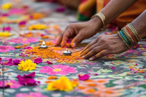 A close-up of hands delicately applying colorful rangoli patterns on the ground, using vibrant powders and flower petals. The intricate designs showcase traditional motifs