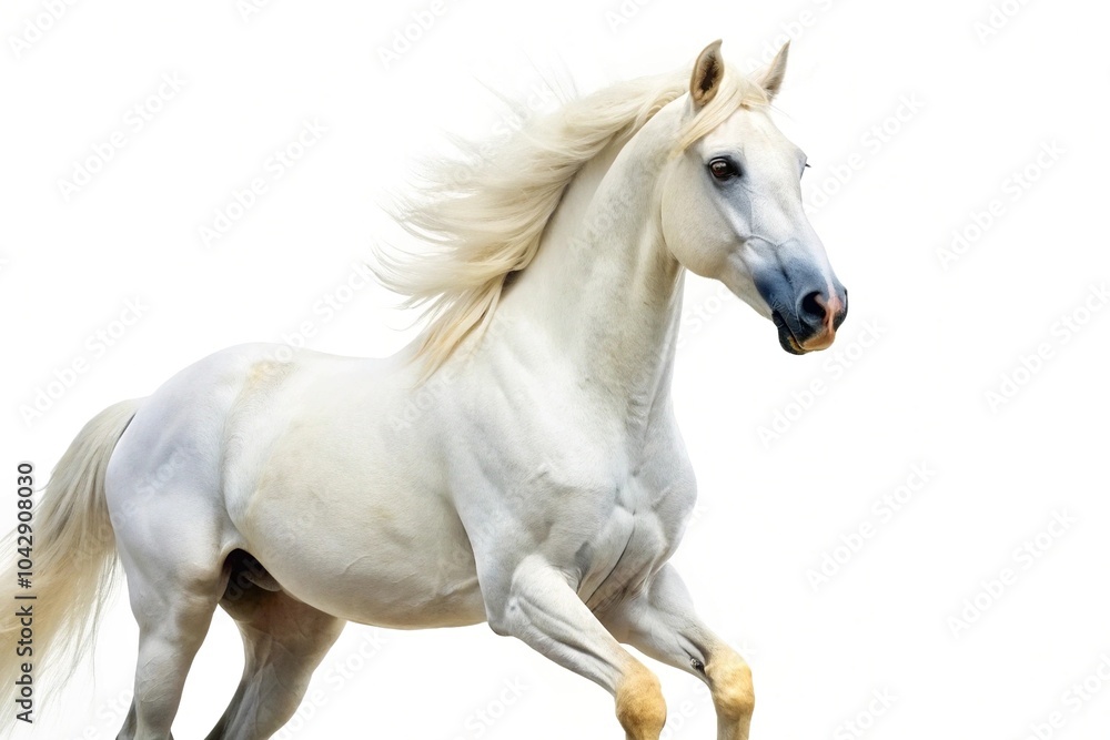 Obraz premium Low angle view of a white regular horse isolated on a white background