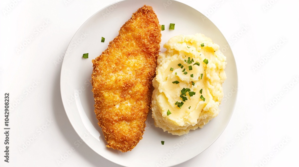 2410 124.A breaded sea fish fillet with a crispy golden exterior, served with a fluffy side of mashed potatoes, presented on a clean white plate. The top-down view captures the contrast between the 2410 124.A breaded sea fish fillet with a crispy golden exterior, served with a fluffy side of mashed potatoes, presented on a clean white plate. The top-down view captures the contrast between the