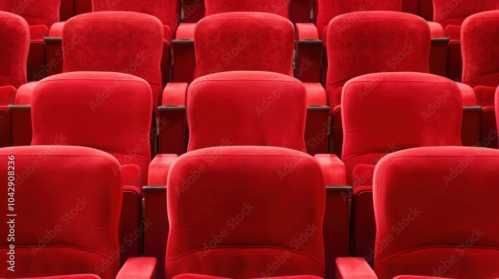Obraz premium Rows of vibrant red theater seats in an empty auditorium. Performing arts venue, cinema experience, and event seating ambiance.