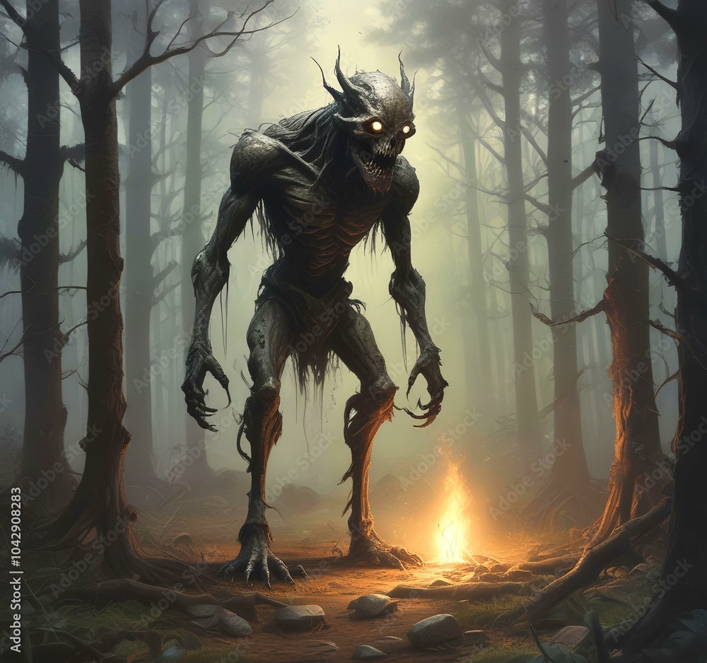 Illustration of creepy monster in woods. Illustration of creepy monster in woods.
