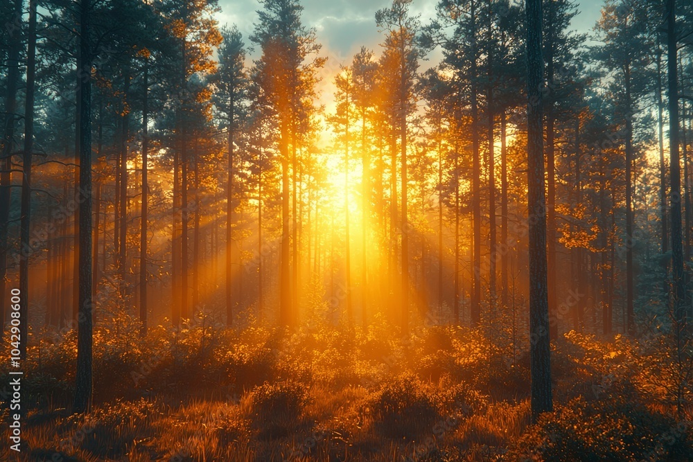 Obraz premium Golden Light Filtering Through a Dense Pine Forest