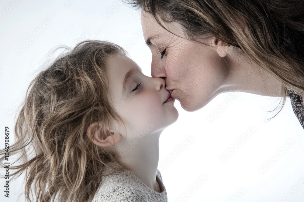 A serene moment of a mother kissing her daughter on the nose, both suspended gracefully in the air. The expression of love and affection radiates from their faces A serene moment of a mother kissing her daughter on the nose, both suspended gracefully in the air. The expression of love and affection radiates from their faces