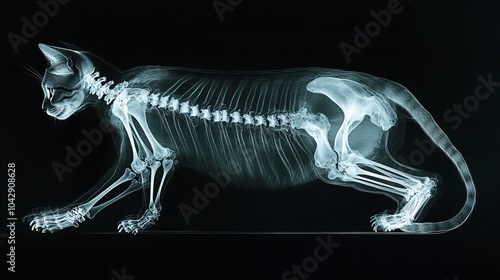 2410 64.Veterinary X-ray of a cat, emphasizing the skeletal system, with clear imaging of the limbs and ribs, demonstrating the precision of modern diagnostic technology in animal care. photo