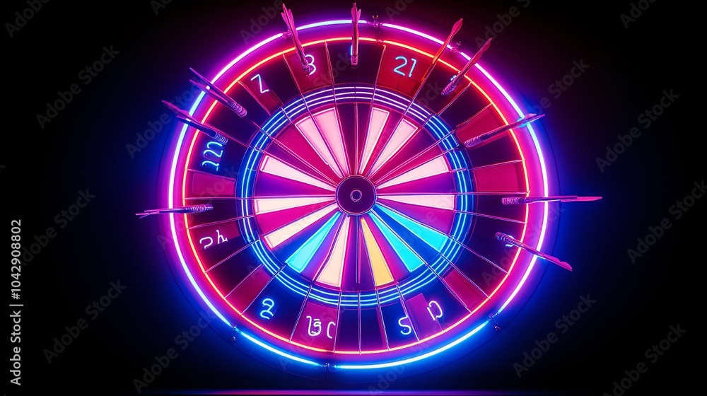 2410 1.Neon dartboard glowing brightly against a pitch-black background, vivid electric colors highlighting the concentric rings and dart numbers, with a few sharp darts sticking in the bullseye. 2410 1.Neon dartboard glowing brightly against a pitch-black background, vivid electric colors highlighting the concentric rings and dart numbers, with a few sharp darts sticking in the bullseye.