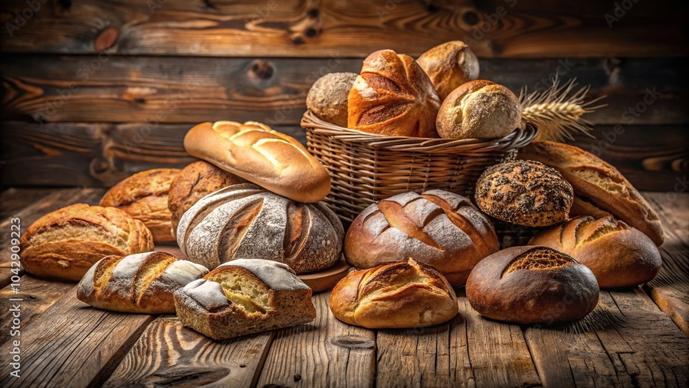 Low angle view of artisan breads on wooden table Low angle view of artisan breads on wooden table