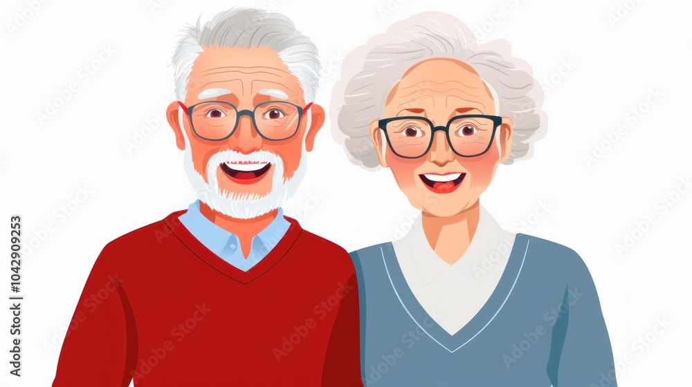 Smiling elderly couple with glasses in colorful sweaters, embracing happiness. illustrates companionship, aging with joy, and positive relationships. Smiling elderly couple with glasses in colorful sweaters, embracing happiness. illustrates companionship, aging with joy, and positive relationships.