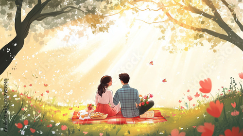Wallpaper Mural illustration of backside sweet couple of love picnic in park, flower bloom background Torontodigital.ca