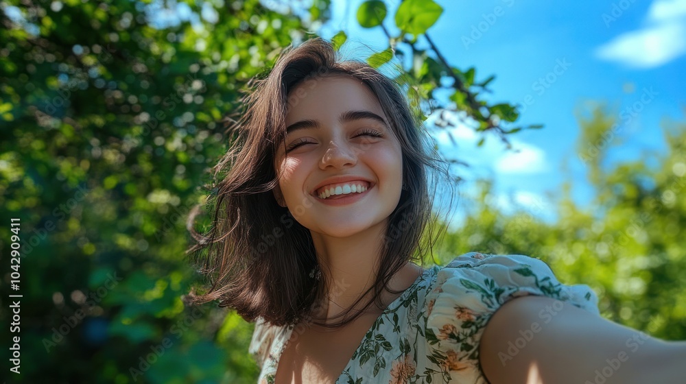 Happy girl with a wide smile capturing a selfie in the park, dressed in a light summer outfit, with a background of lush greenery and blue sky on a warm day. Happy girl with a wide smile capturing a selfie in the park, dressed in a light summer outfit, with a background of lush greenery and blue sky on a warm day.