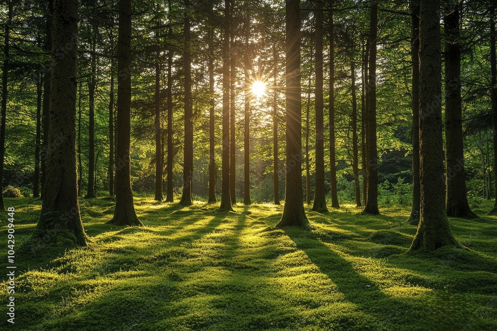 Naklejka premium Sunlight filtering through a dense forest canopy, illuminating a mossy forest floor