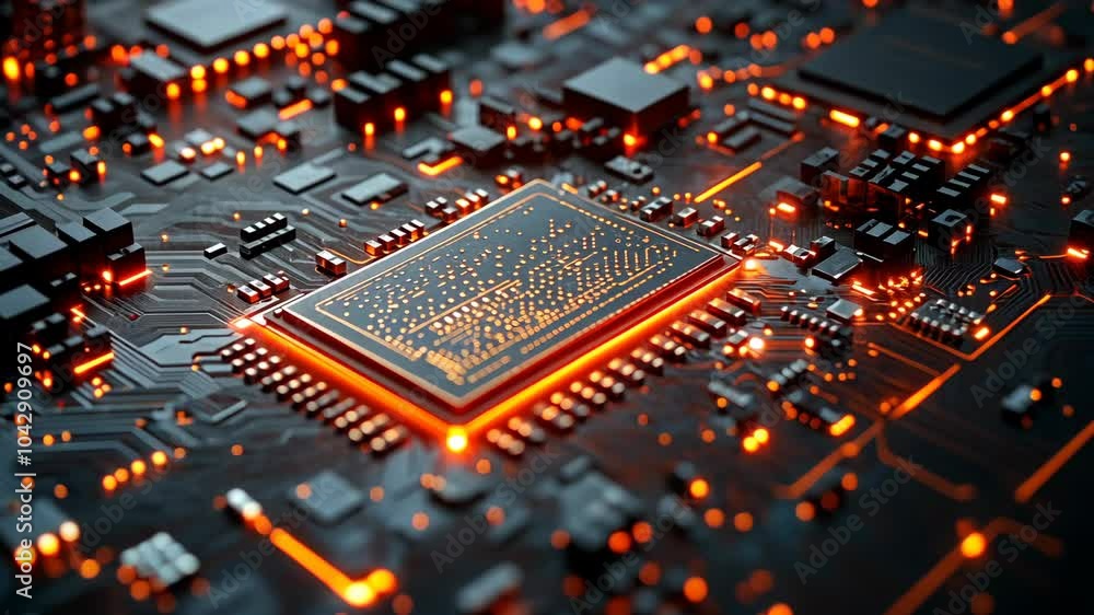 A close-up of an orange-lit computer chip, illuminated by glowing circuits A close-up of an orange-lit computer chip, illuminated by glowing circuits