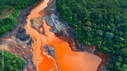 An aerial view of a river polluted with red sludge from mining operations, cutting through a lush rainforest