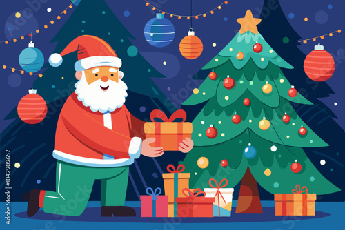 Santa Claus putting gift under Christmas tree
