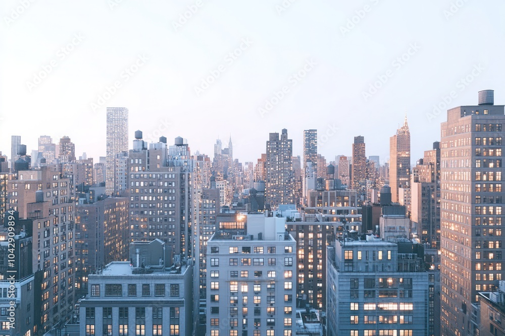 Obraz premium Scenic view of New York City skyline featuring iconic high-rise buildings in Midtown Manhattan at dusk