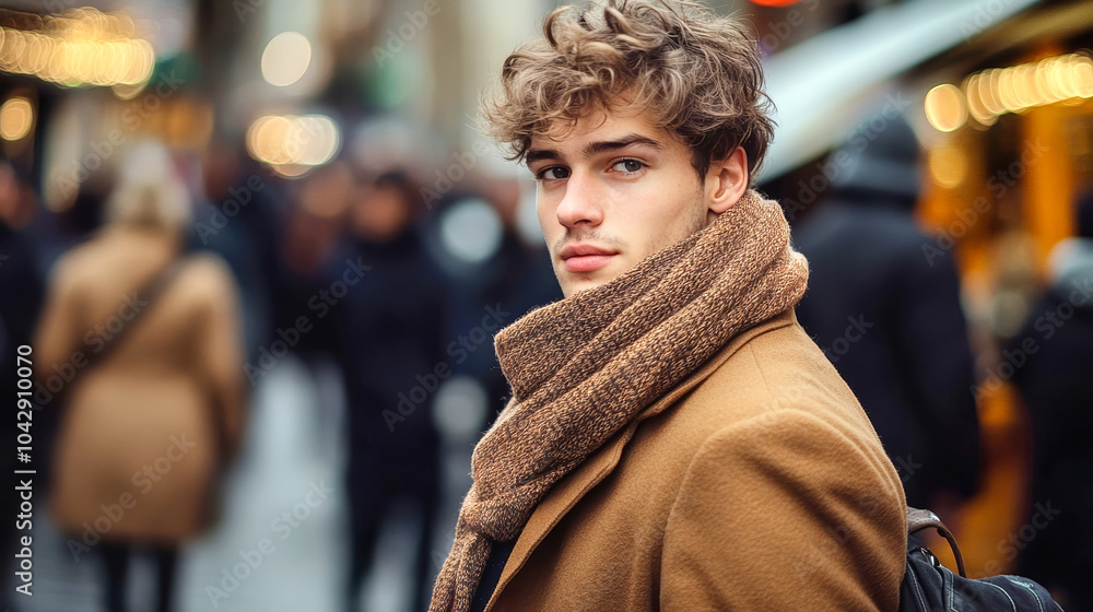 Obraz premium Stylish young man in winter coat and scarf on busy city street capturing urban life in a vibrant moment