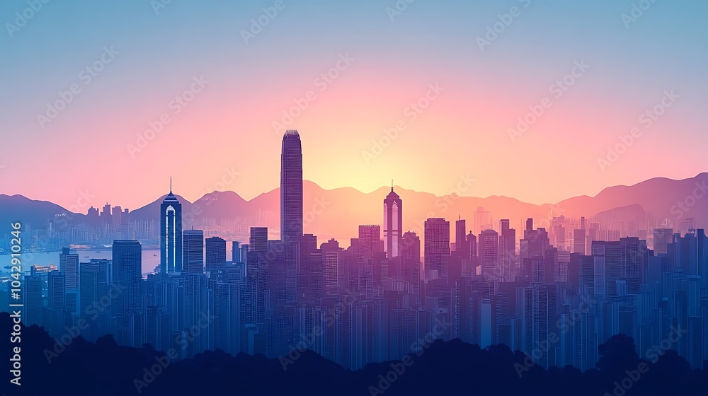 Obraz premium Flat illustration of Hong Kong's skyline, with Victoria Peak and skyscrapers in silhouette, set against a soft gradient transitioning from dawn's pink to blue, minimalist design, clean lines,