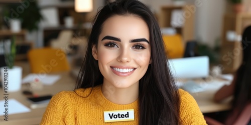 Smiling Woman in Office with  Voted  Sticker  Election Day  Participation  Democracy  Civi photo