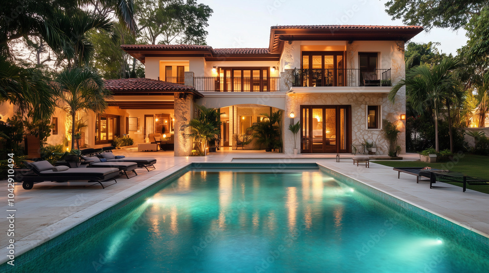 Obraz premium Beautiful House with a Sparkling Pool, Luxury Residential Property Featuring Modern Architecture, Outdoor Pool, and Scenic Surroundings