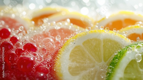 Lime green and red jelly textures, white backdrop, lemon and pomegranate juice droplets, glossy sheen, vibrant and playful composition. photo