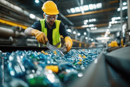 Worker sorts plastic bottles on a conveyor belt. This image is perfect for illustrating the concept of recycling and environmental consciousness.