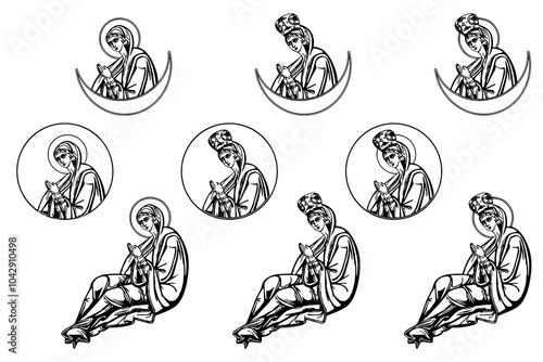 Blessed Virgin Mary. Outline set in Byzantine style on white background