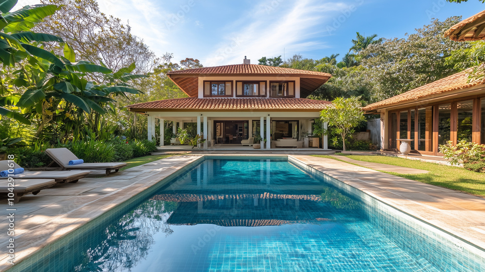 Fototapeta premium Beautiful House with a Sparkling Pool, Luxury Residential Property Featuring Modern Architecture, Outdoor Pool, and Scenic Surroundings
