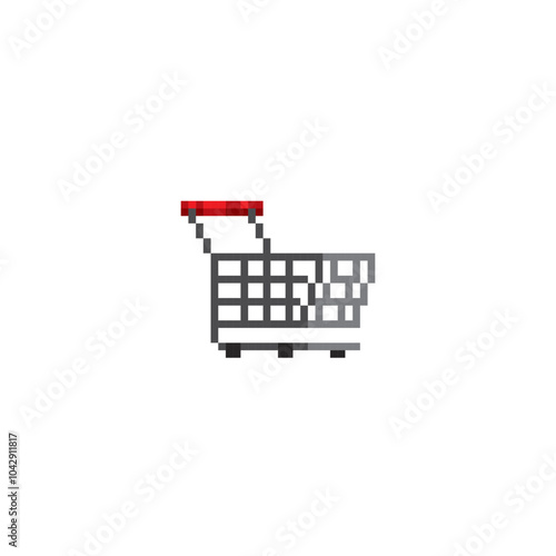 Shopping cart pixel art icon. Design for logo, web, mobile app, sticker, badges and patches. Video game sprite. 8-bit. Isolated vector illustration.