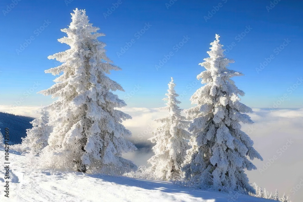 Serene winter landscape with -covered trees mist Serene winter landscape with -covered trees mist