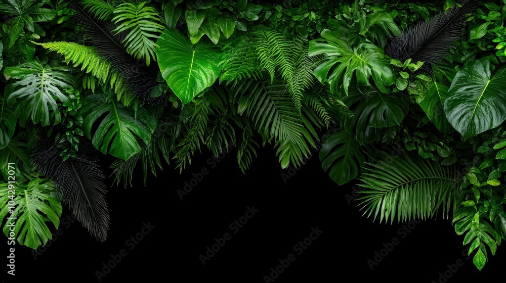 Lush Tropical Green Leaves Frame on Black Background Jungle Foliage Nature Border Lush Tropical Green Leaves Frame on Black Background Jungle Foliage Nature Border